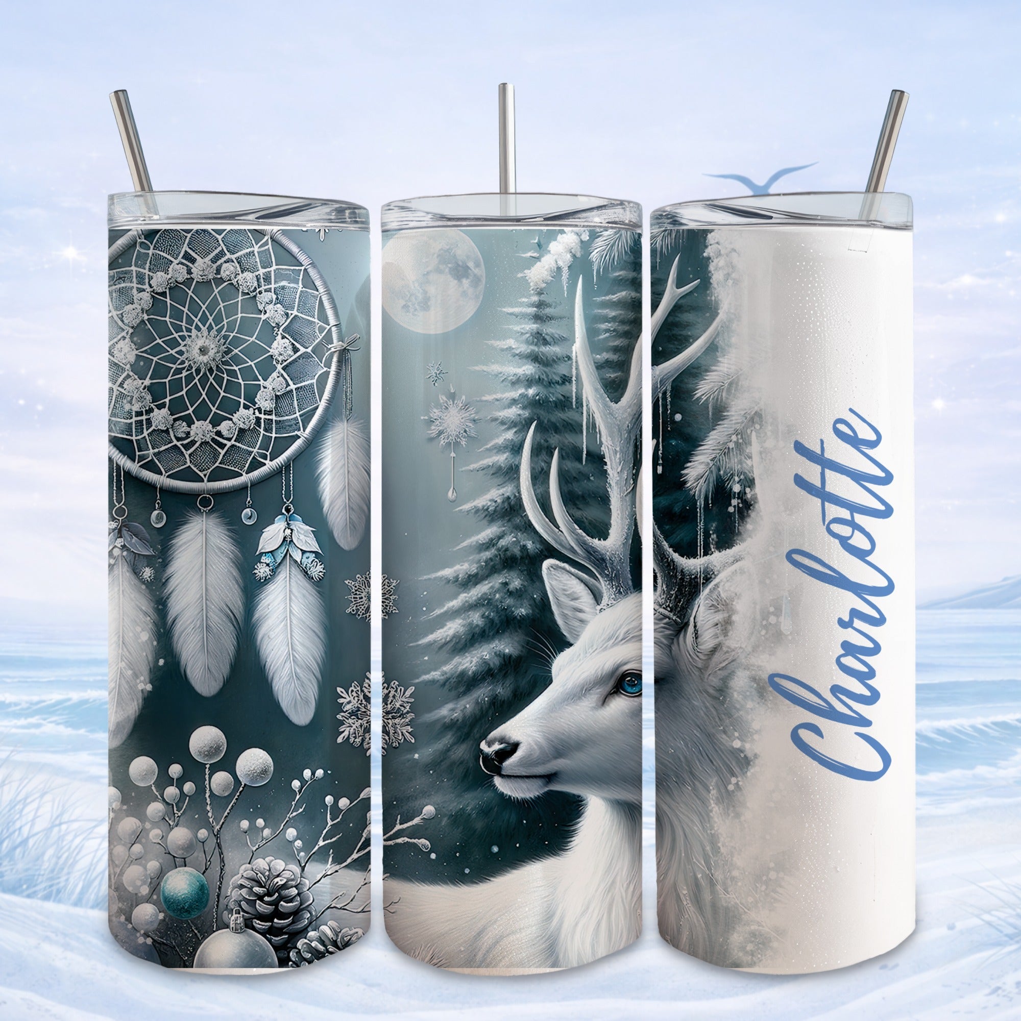 White tumbler with a deer and dreamcatcher design, personalized with "Charlotte".