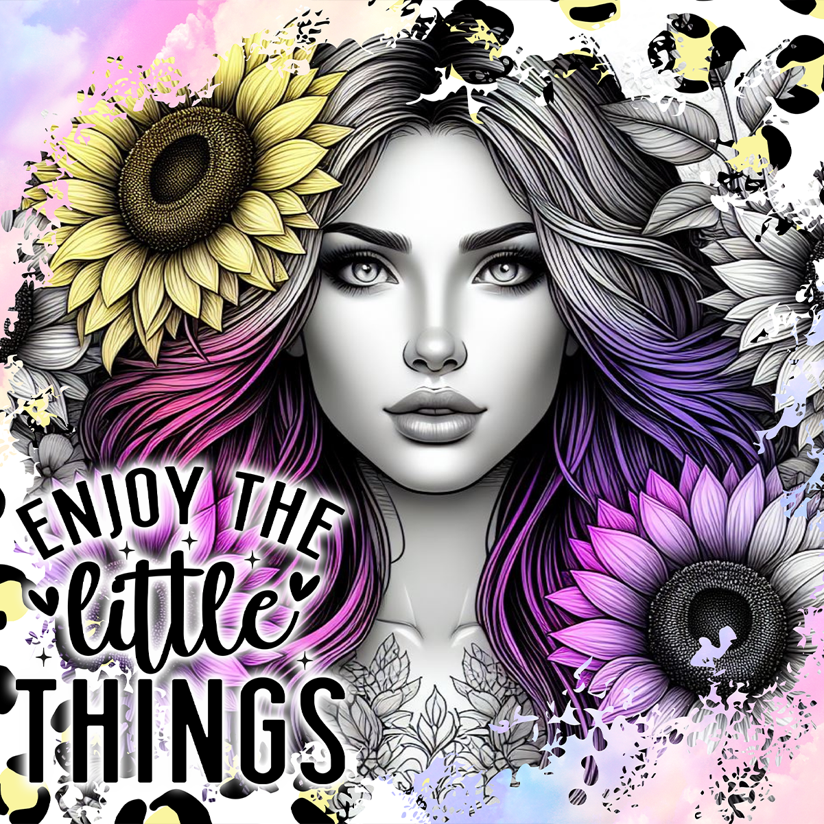 Woman with sunflowers and colorful hair, text "Enjoy the little things."
