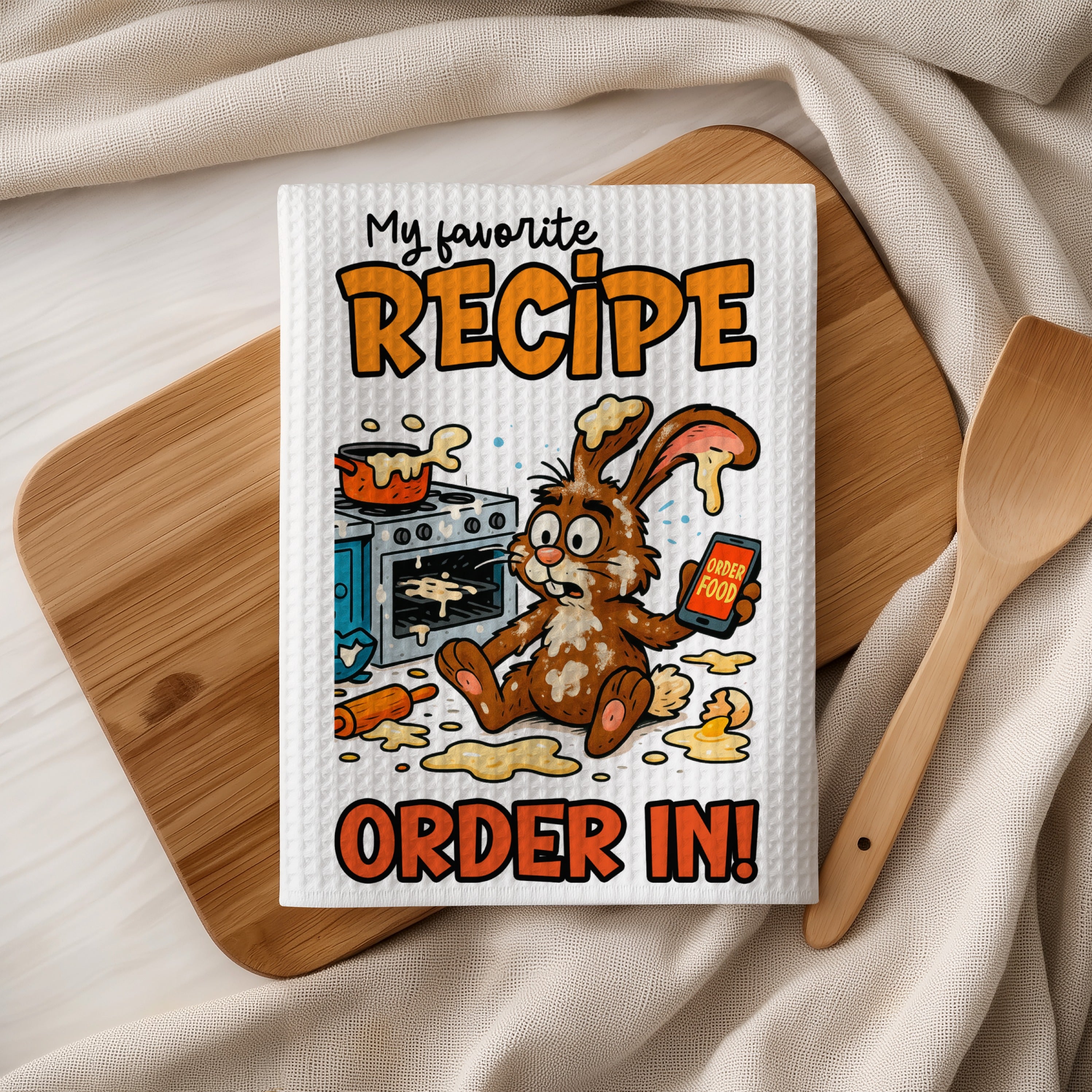 Bunny with phone reading "ORDER FOOD" on a kitchen towel.