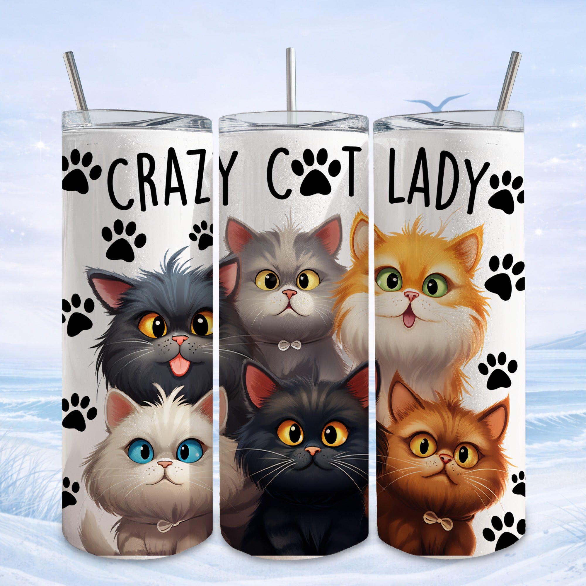 Tumbler with four cartoon cats and "CRAZY CAT LADY" text.
