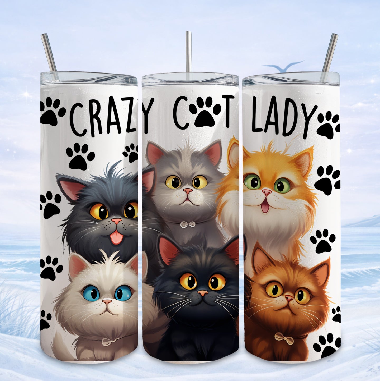 Tumbler with four cartoon cats and "CRAZY CAT LADY" text.