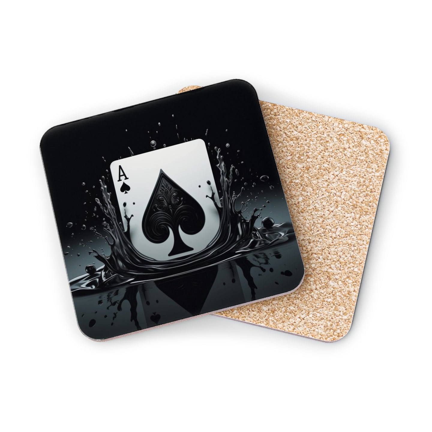 Black ace of spades card splashing in dark liquid, on a coaster.