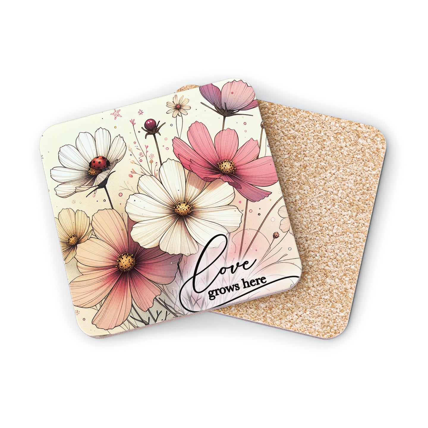 Coasters with pink and white cosmos flowers and "love grows here" text.