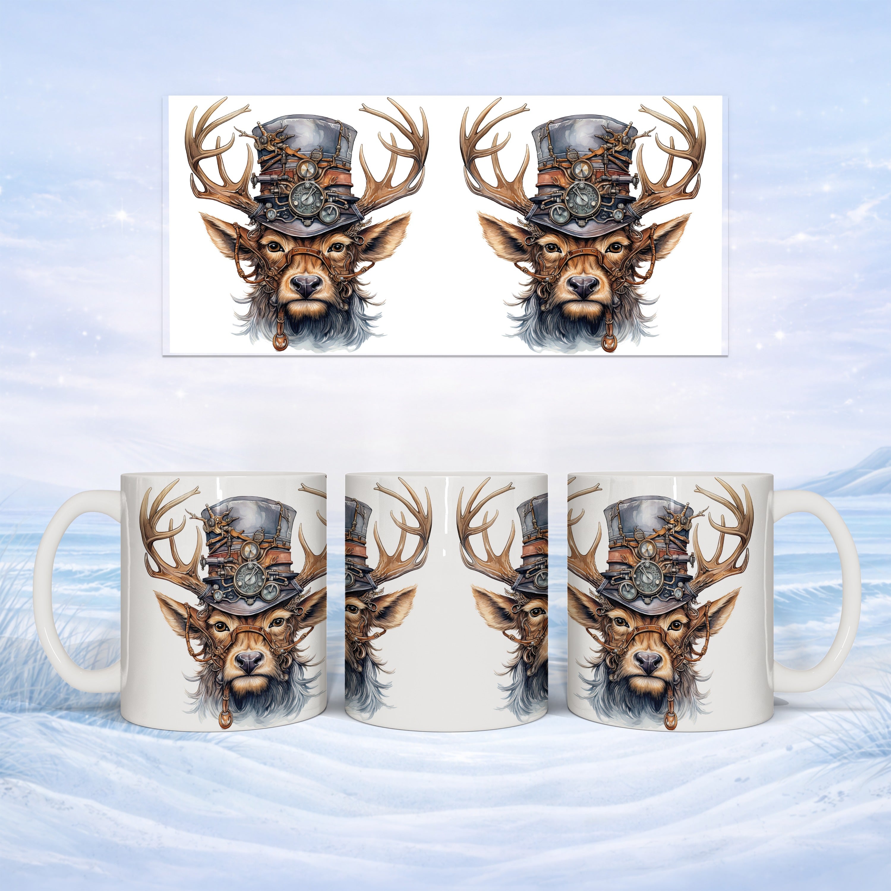 Steampunk deer head with top hat and goggles on white mugs against snowy background.