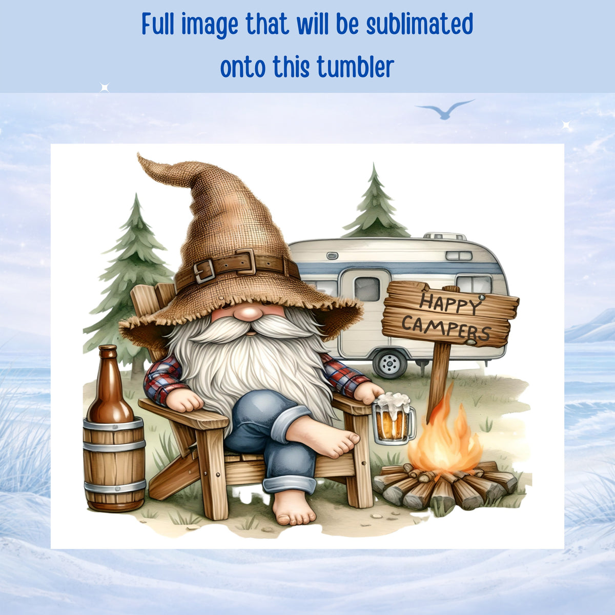 Gnome in a chair with a beer and campfire, beside a camper.