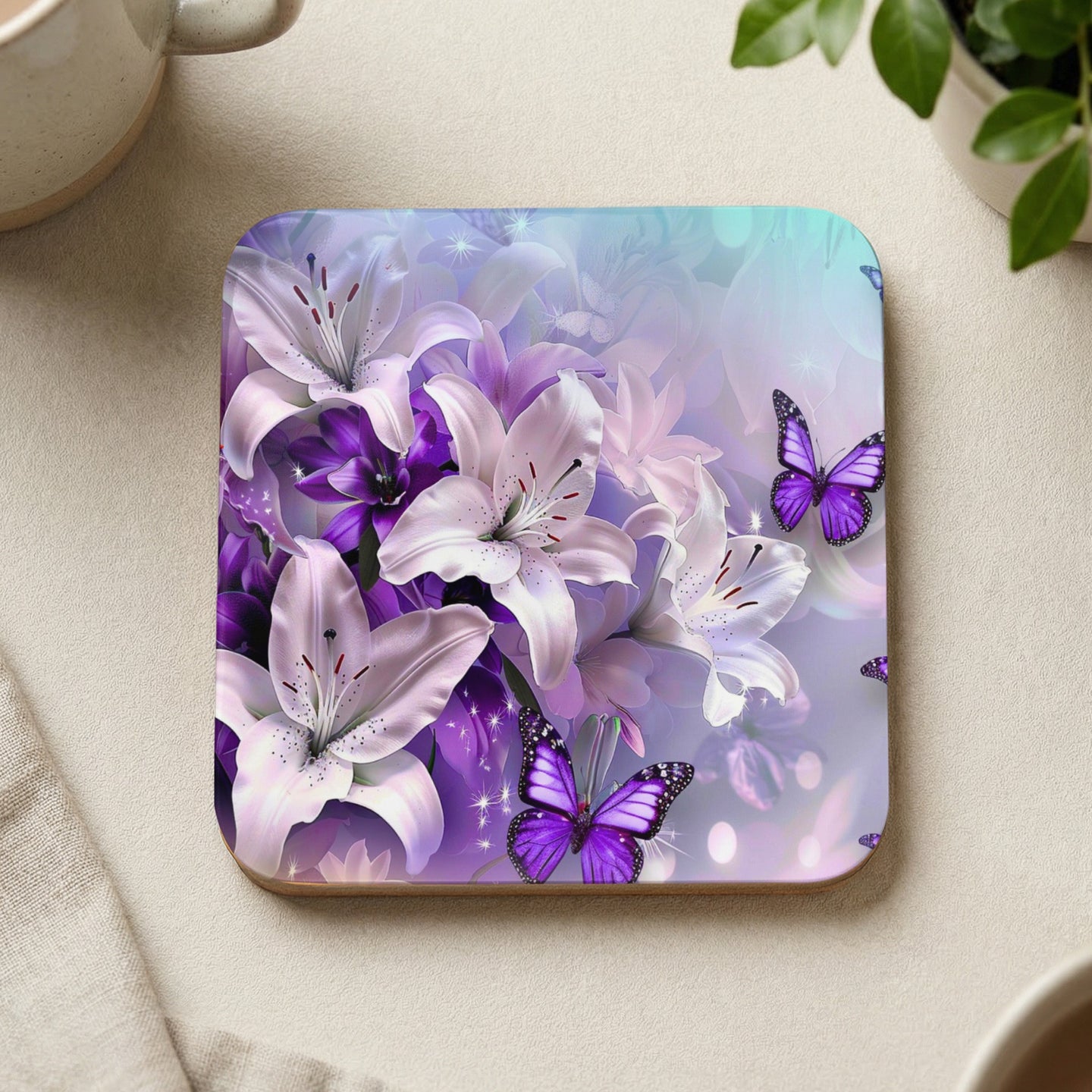 Purple butterflies and lilies on a square coaster.