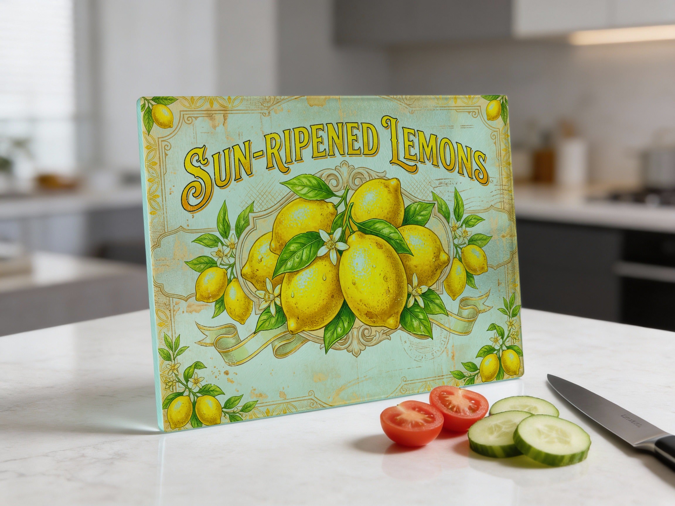 Sun-ripened lemons design on a cutting board with tomatoes and cucumber slices.