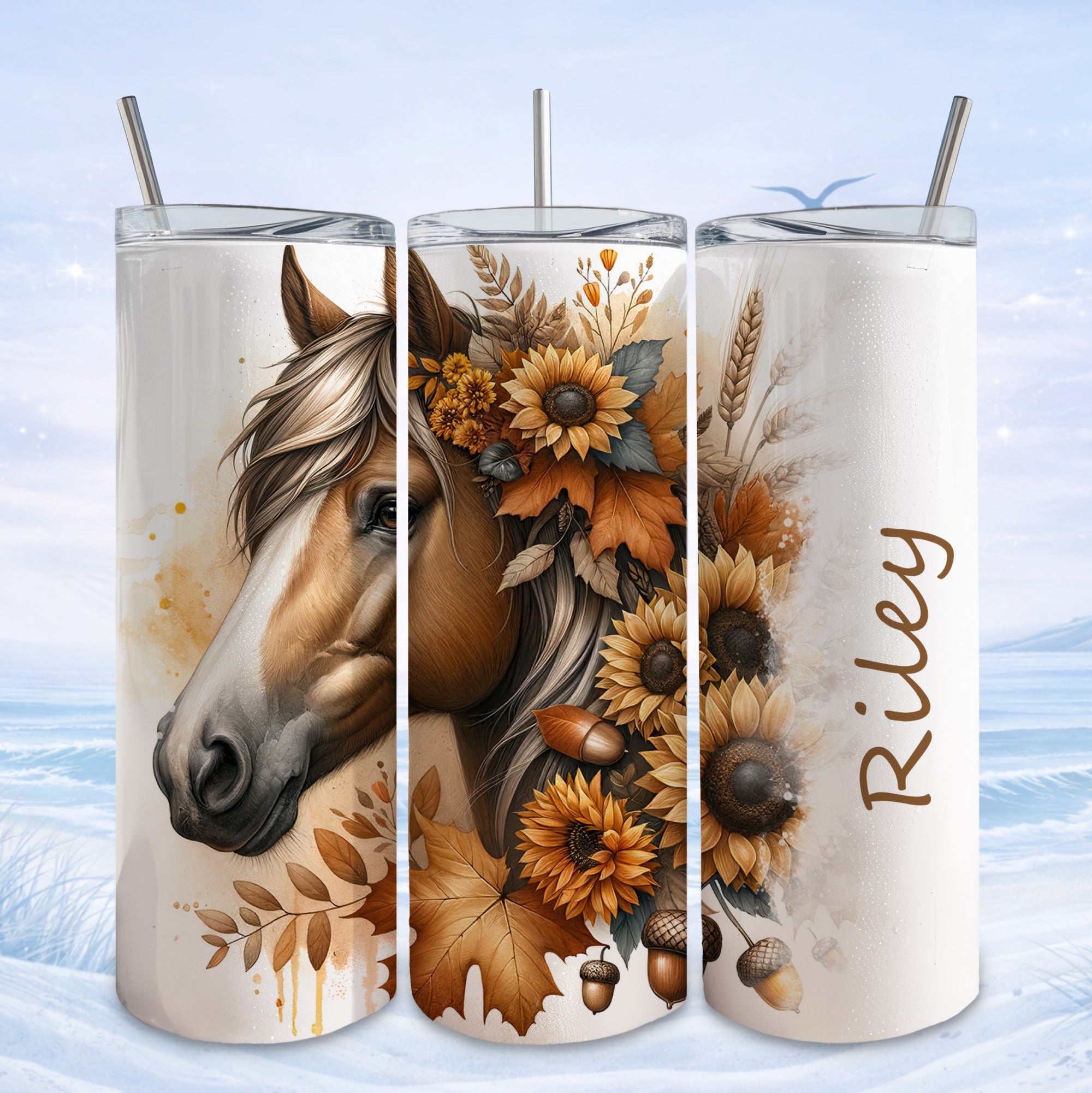 Brown horse with sunflowers and autumn leaves on a tumbler.