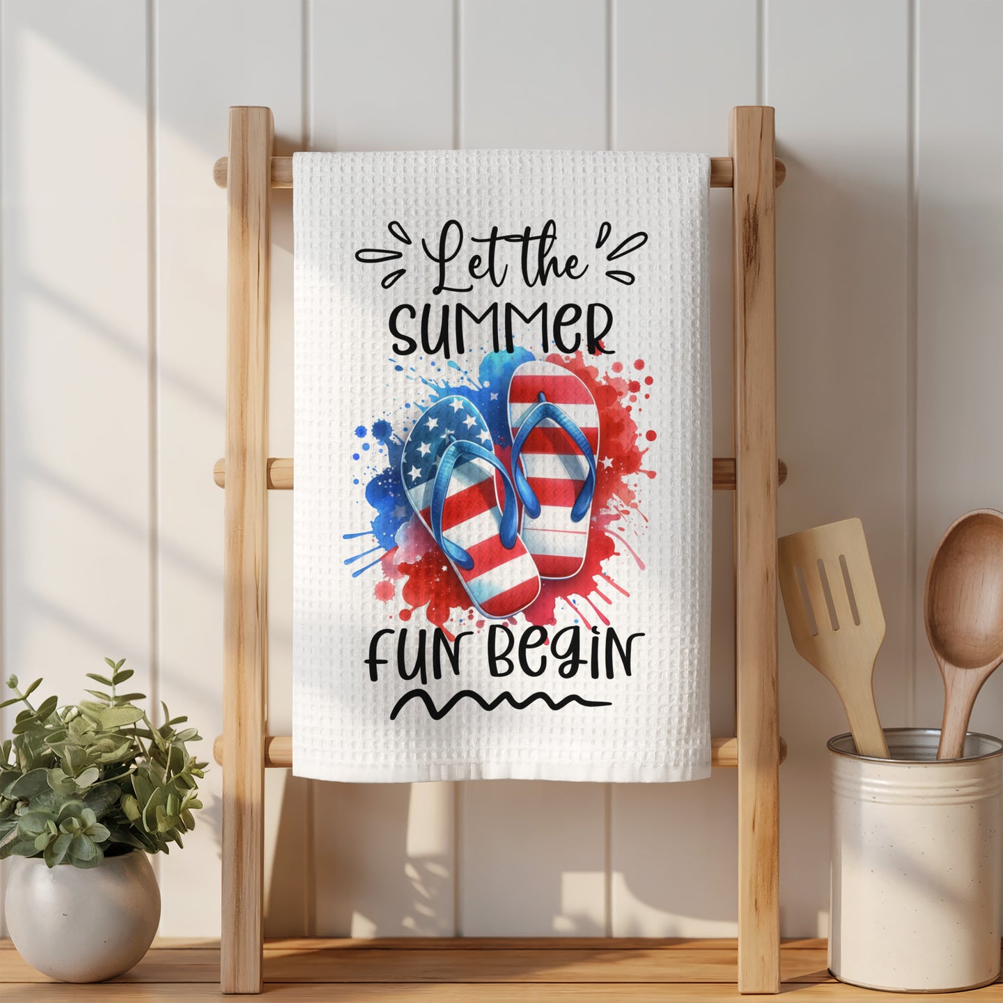 Towel with flip-flops, stars, and "Let the summer fun begin" text.