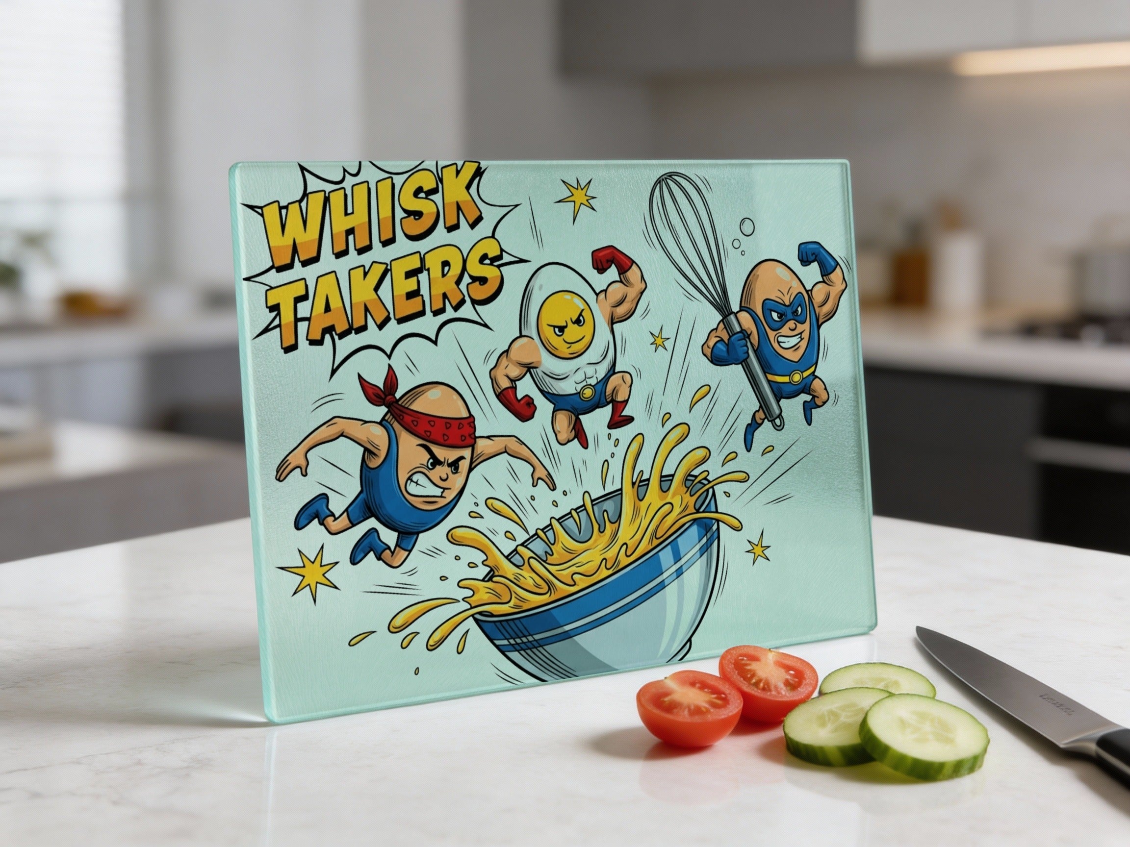 Cutting board with "Whisk Takers" and cartoon egg characters, with tomatoes and cucumber.