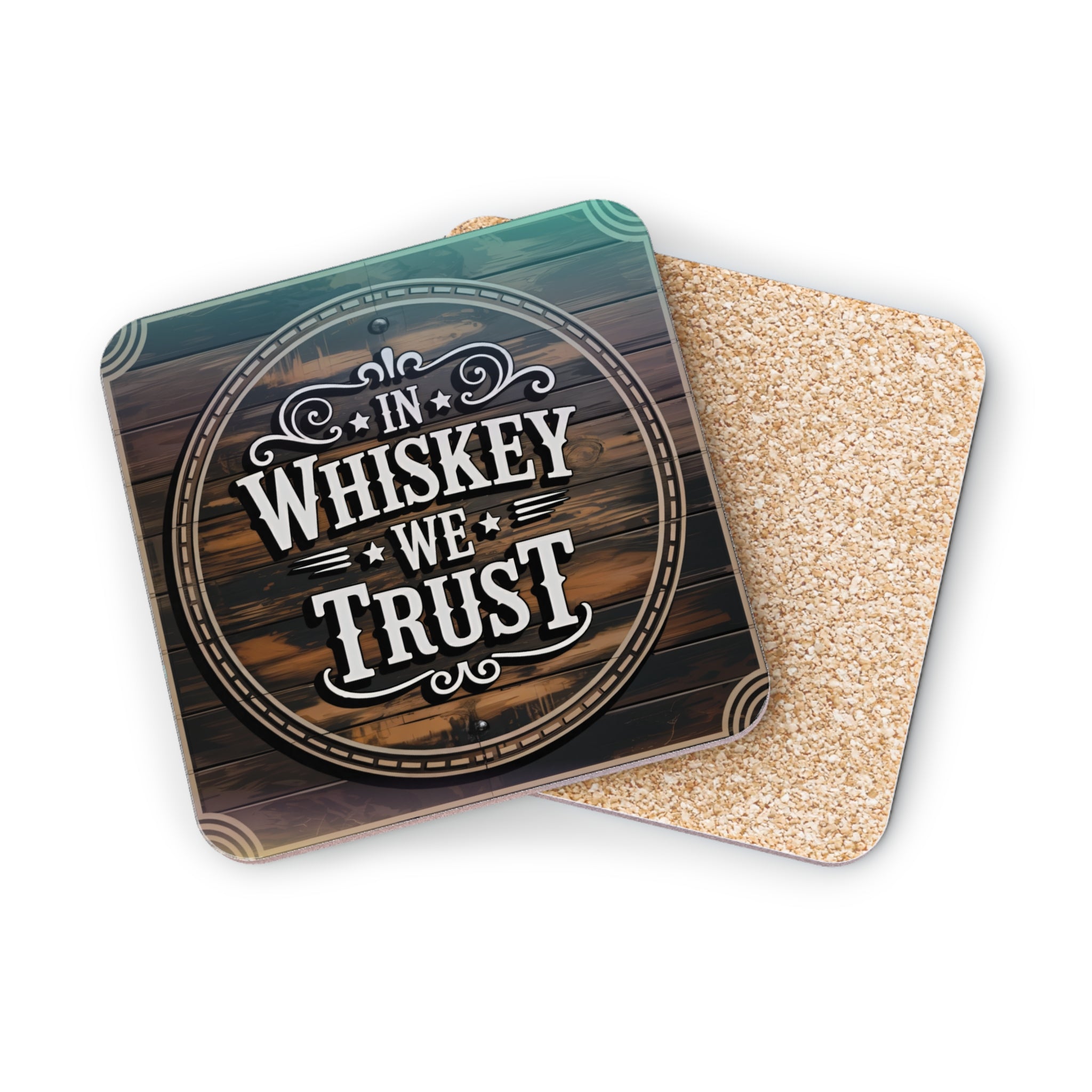 Round coaster with "In Whiskey We Trust" text on wood grain background.