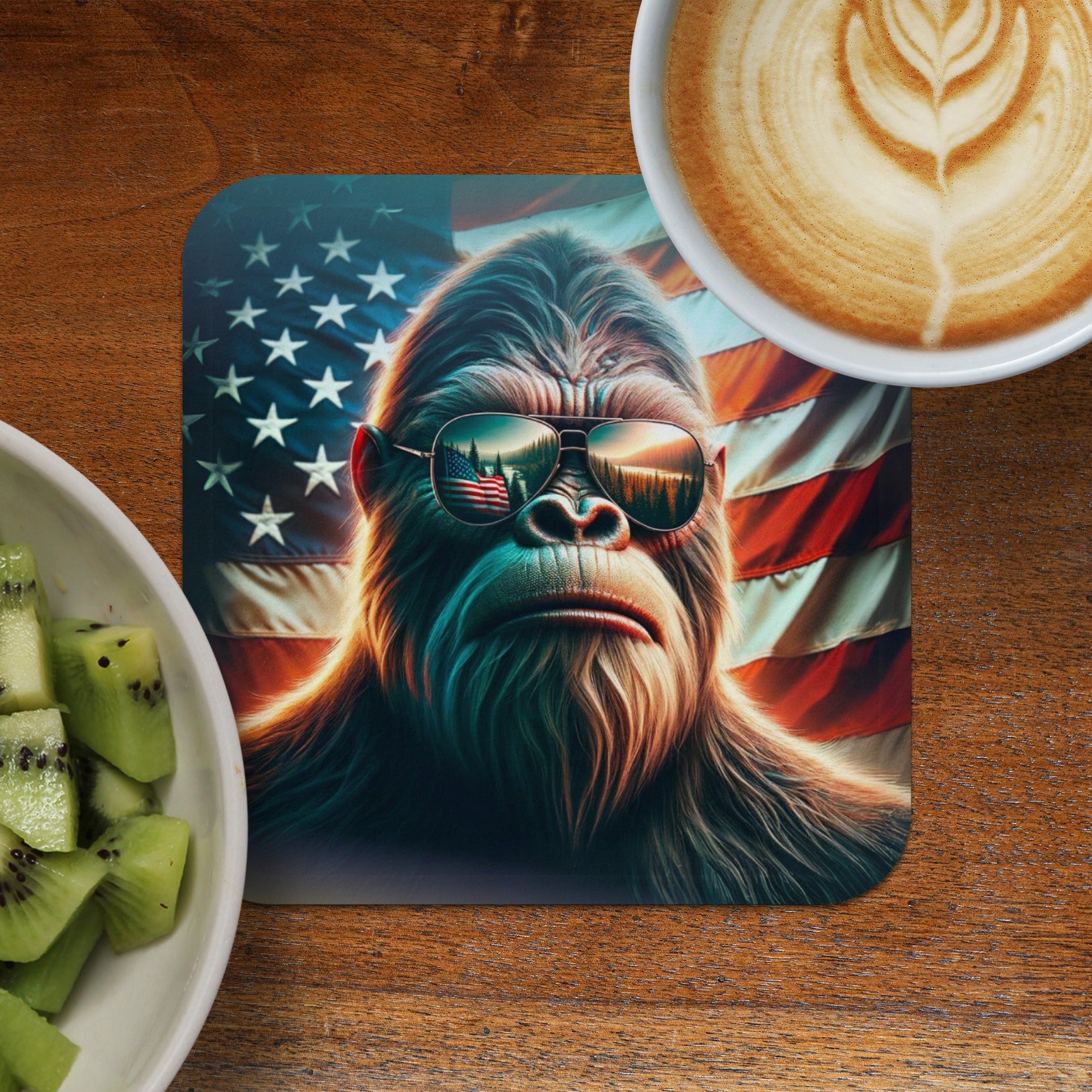 Bigfoot wearing sunglasses reflecting American flag on a coaster with coffee and kiwi.