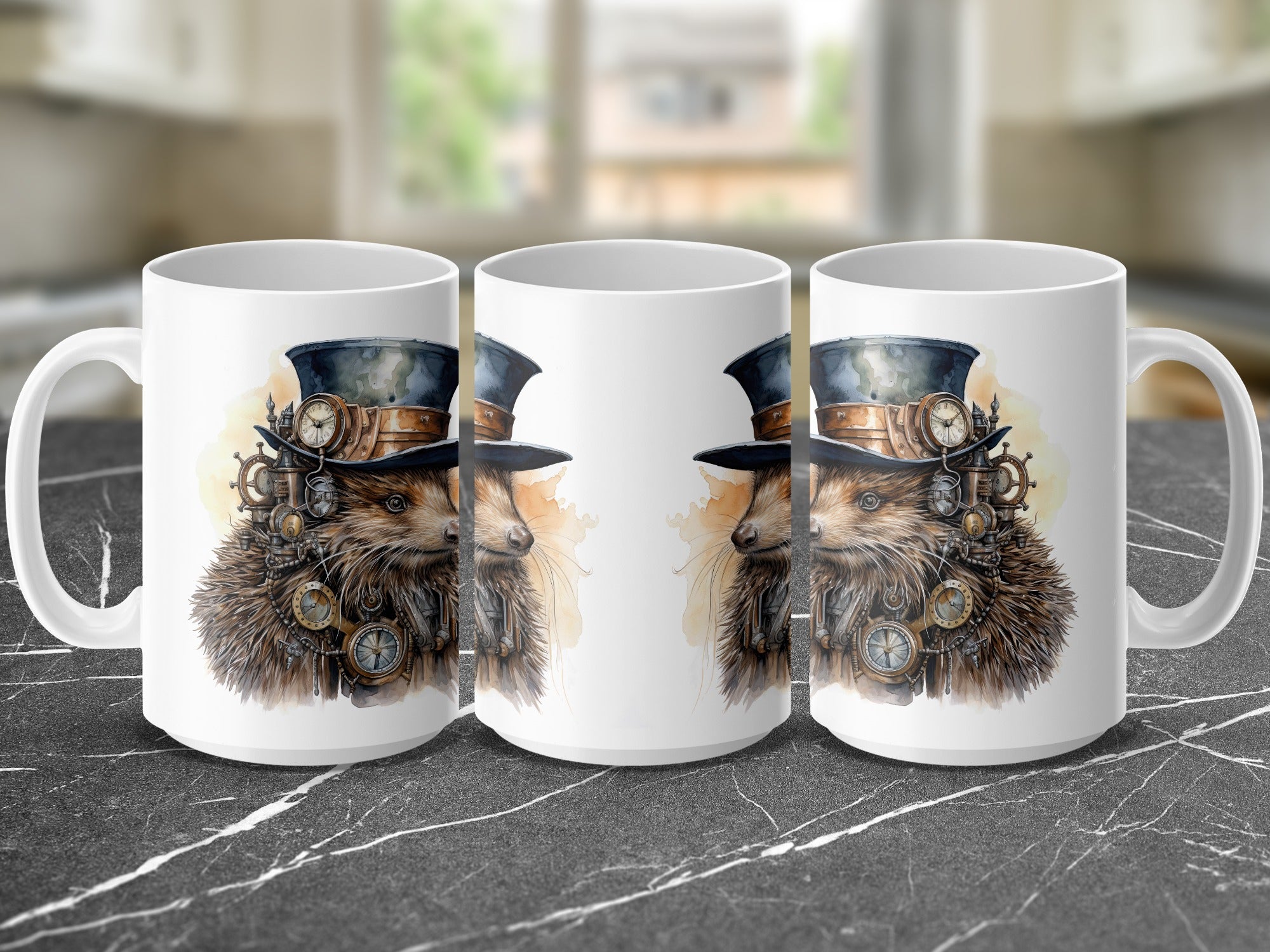 Mug featuring a steampunk hedgehog wearing a hat with gears and gauges.