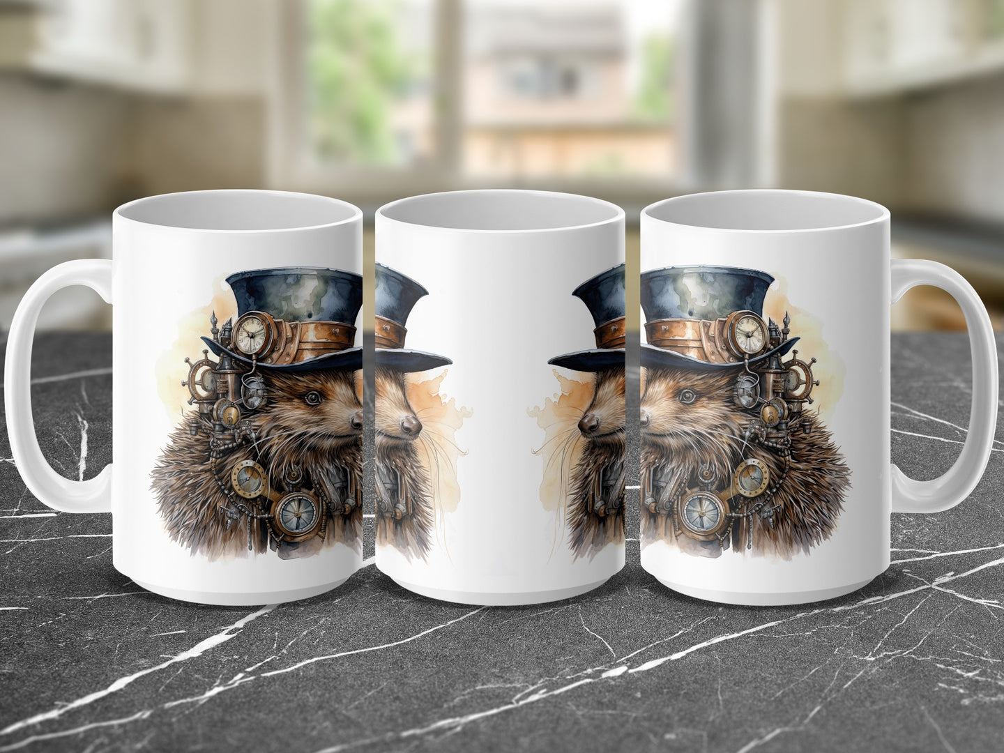 Mug featuring a steampunk hedgehog wearing a hat with gears and gauges.