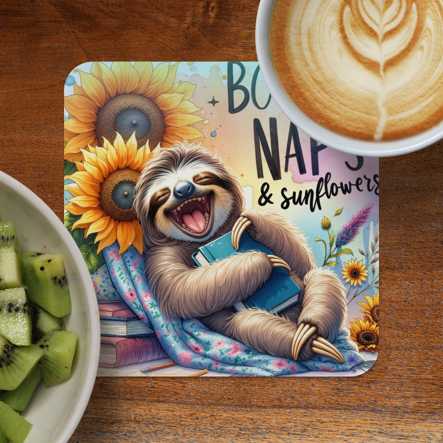 Smiling sloth with book, sunflowers, and coffee cup.