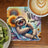 Smiling sloth with book, sunflowers, and coffee cup.