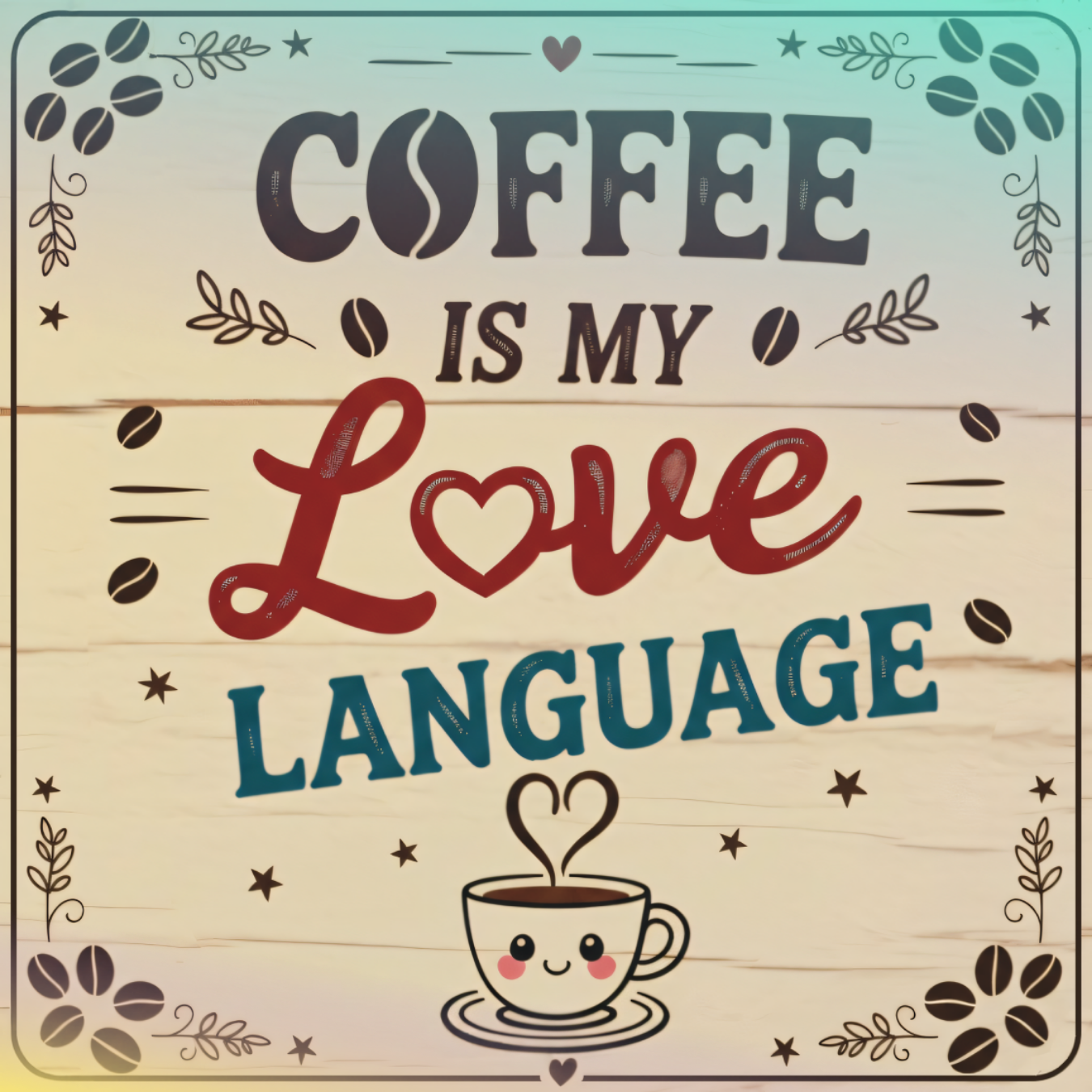 Coffee is my love language with a steaming mug illustration.