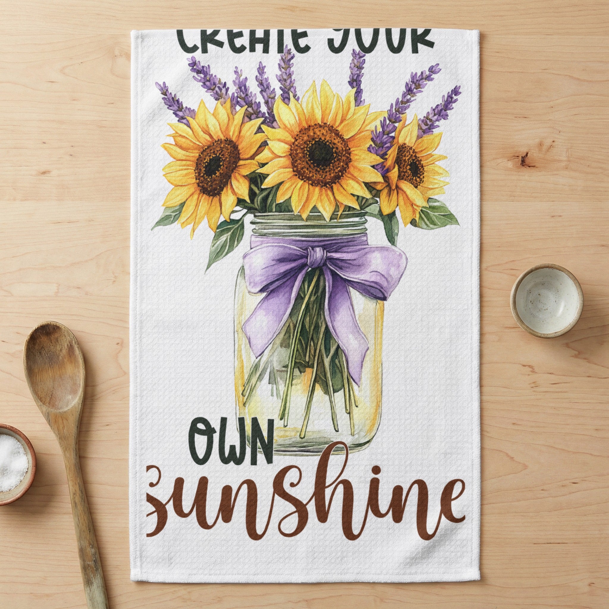 Mason jar with sunflowers and lavender tied with purple bow, text "own sunshine".