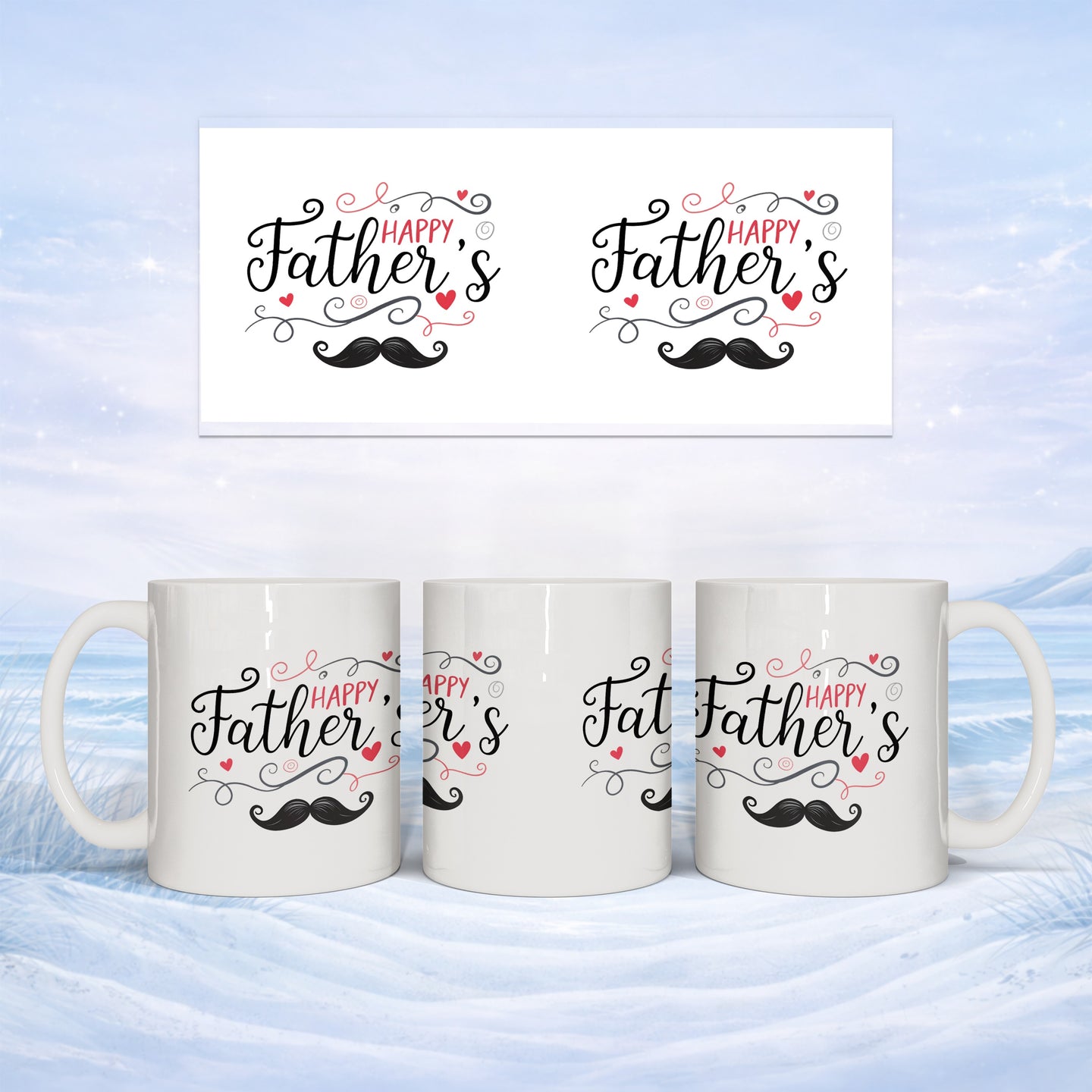 White mug with "Happy Father's" and mustache design, displayed on snowy background.