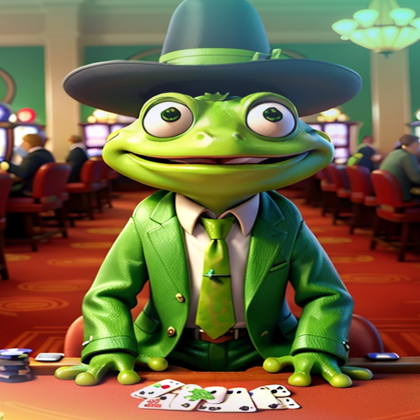 Cartoon frog in a green suit and hat at a casino table with playing cards.