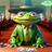 Cartoon frog in a green suit and hat at a casino table with playing cards.