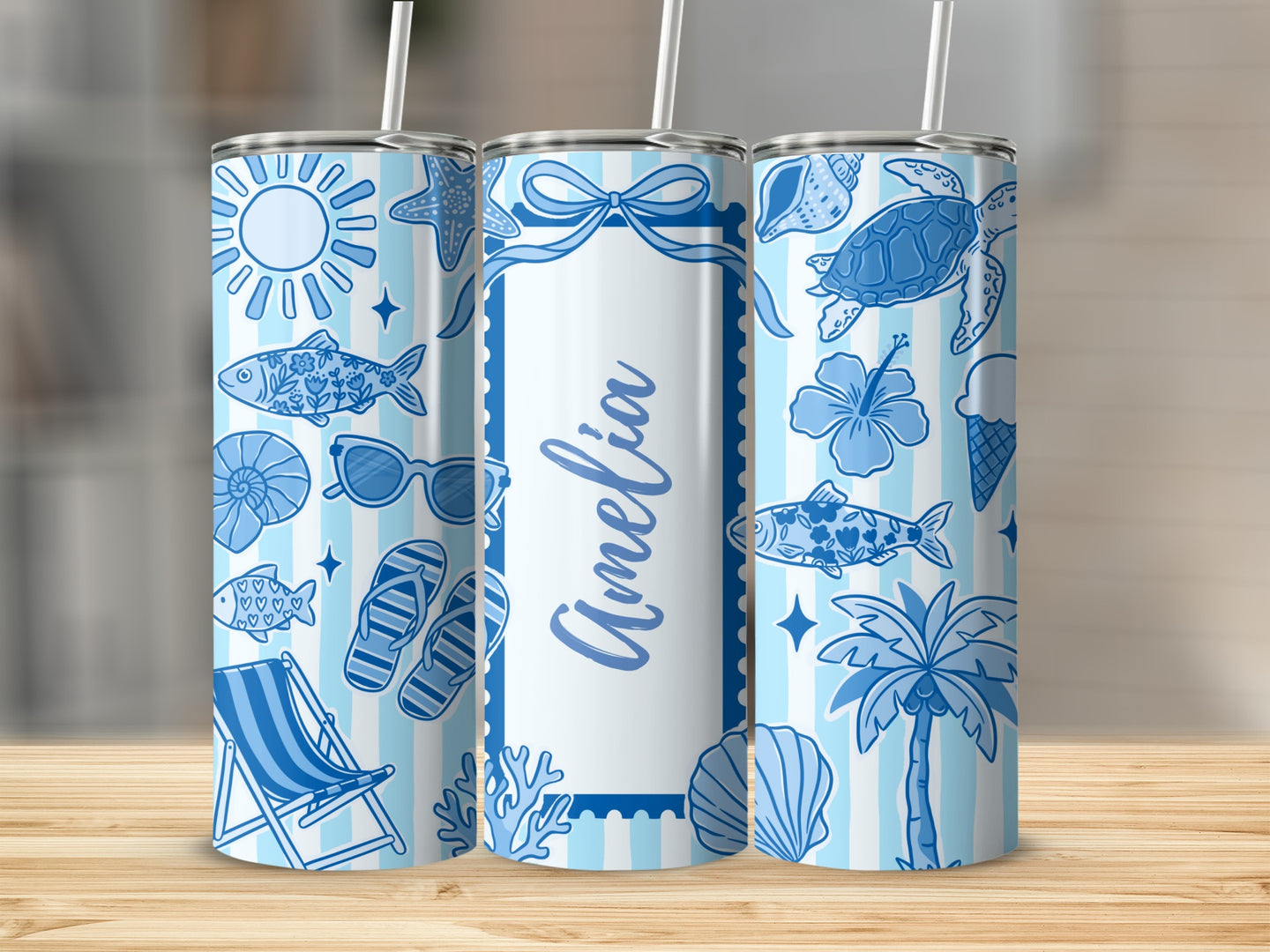 Personalized tumbler with beach theme, seashells, starfish, and personalized name Amelia.