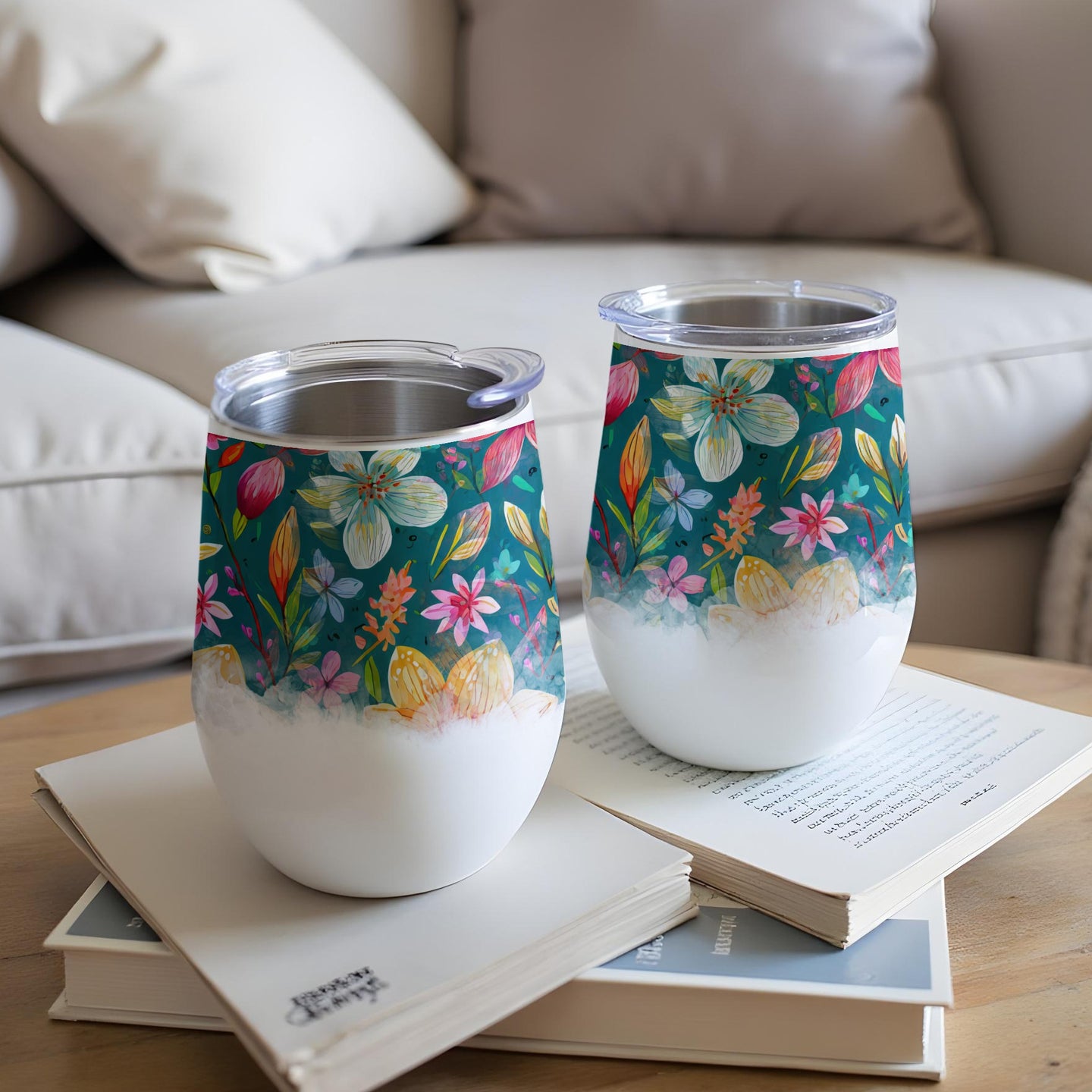 Two floral patterned tumblers with clear lids sit on books.