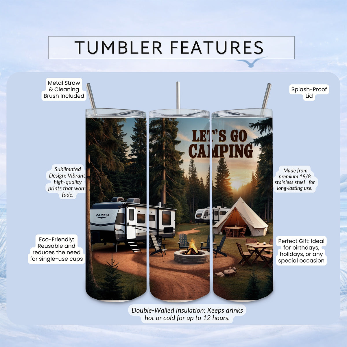Tumbler with "Let's Go Camping" design, featuring a camper scene.