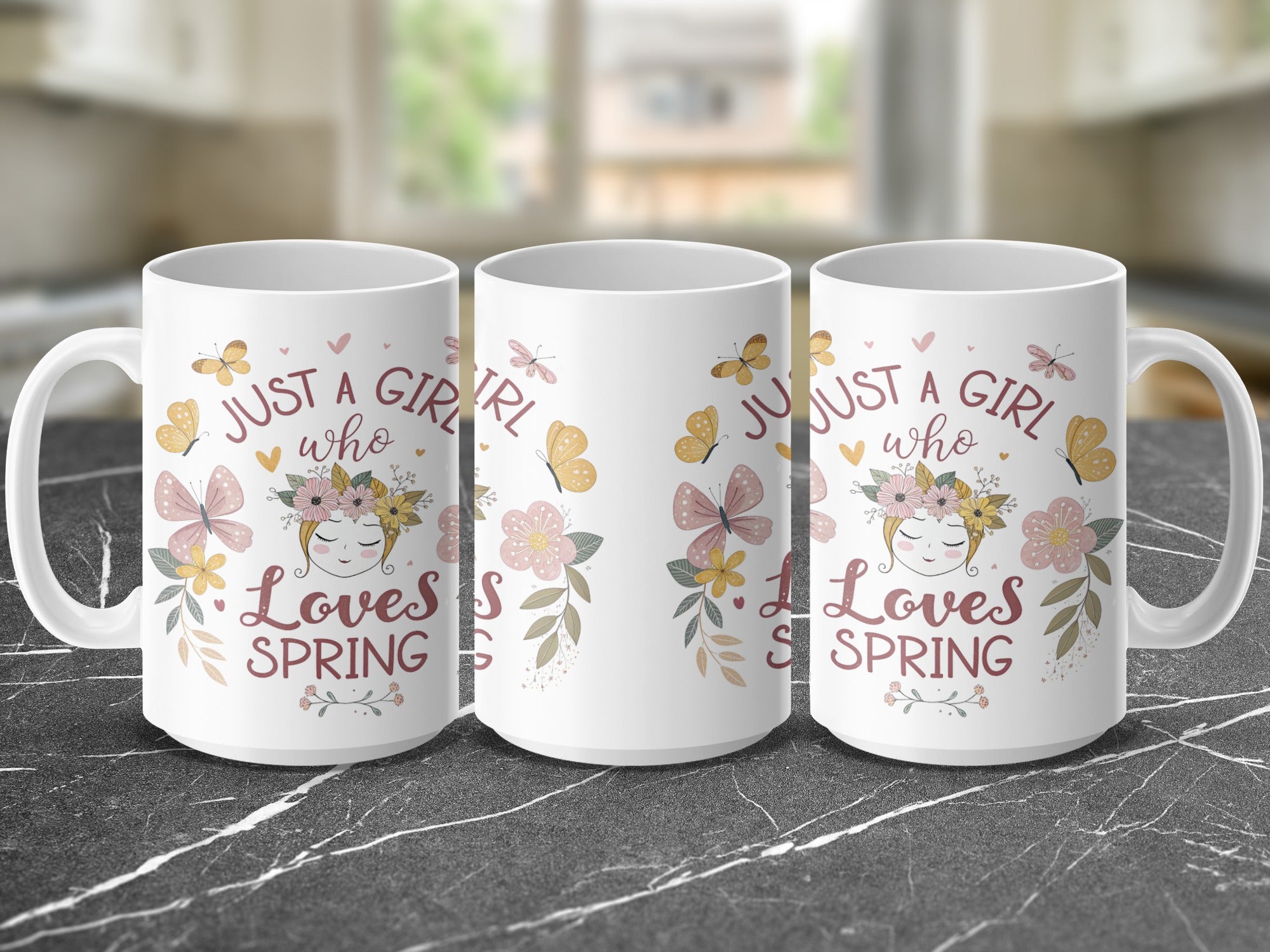 Mug with "Just a girl who loves Spring" text and floral design.