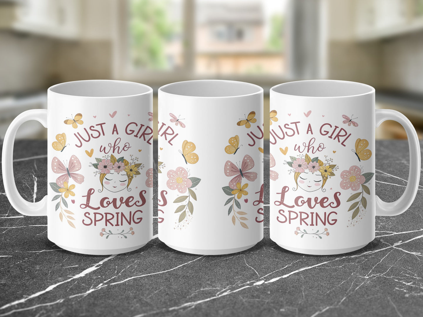 Mug with "Just a girl who loves Spring" text and floral design.
