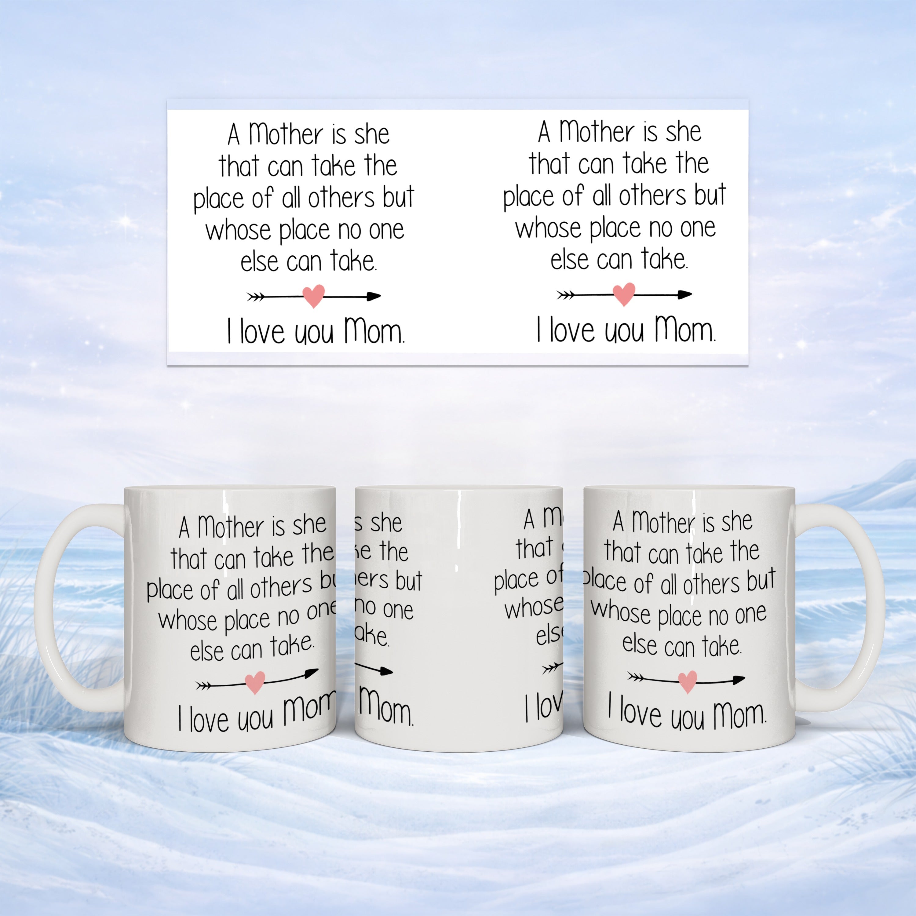 Mug with "A Mother is she... I love you Mom" text on a patterned background.