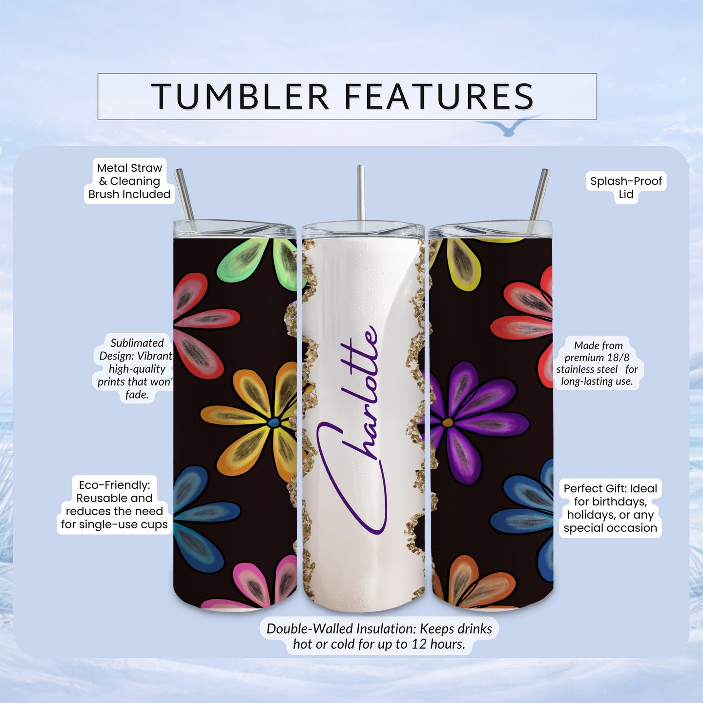 Tumbler with floral design and "Charlotte" personalization, highlighting features.