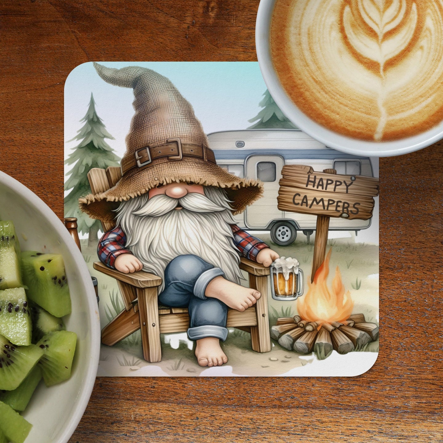 Gnome in cowboy hat sits by campfire with beer, near camper.