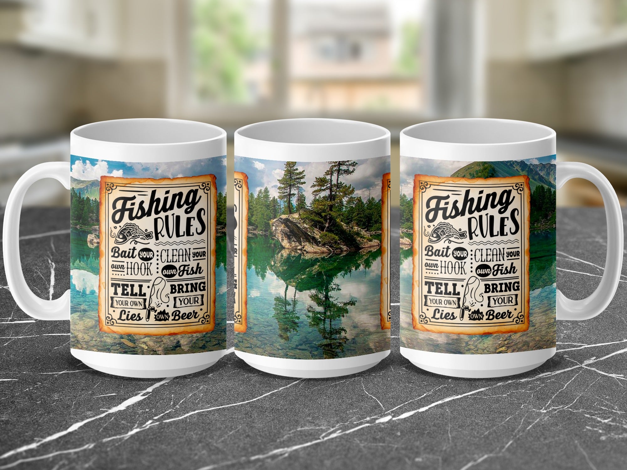 Mug with "Fishing Rules" text, featuring a serene lake and mountains.