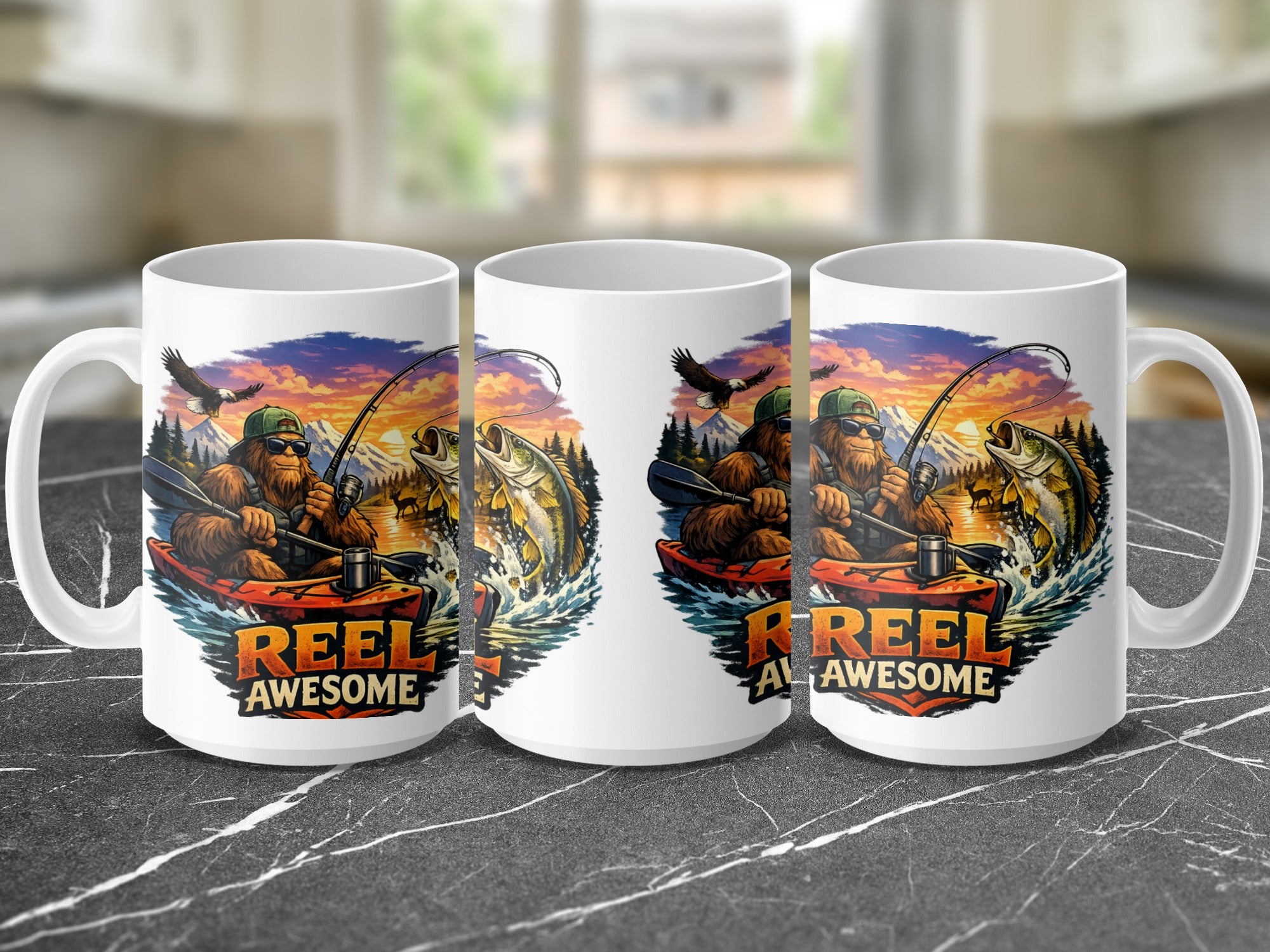 Fishing mug with Bigfoot in a kayak, "Reel Awesome" text, eagle overhead.
