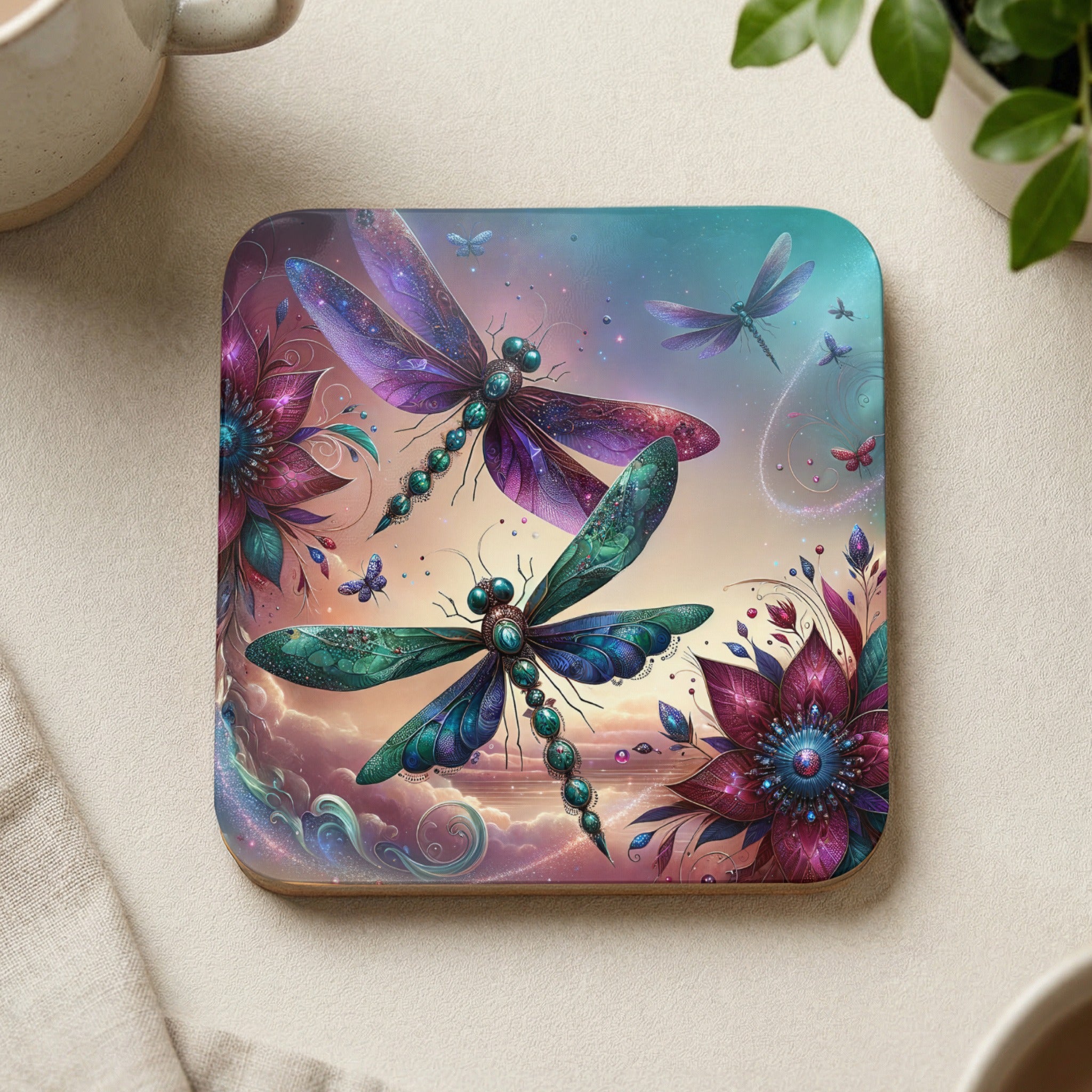 Dragonfly art coaster with purple flowers and clouds.