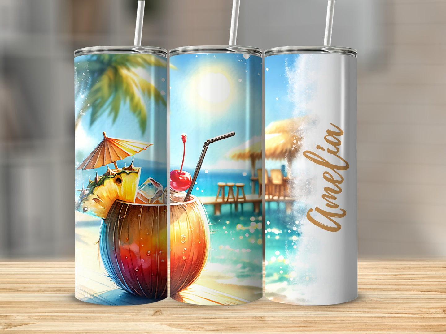 Coconut cocktail with umbrella on beach, personalized tumbler with "Amelia" text.