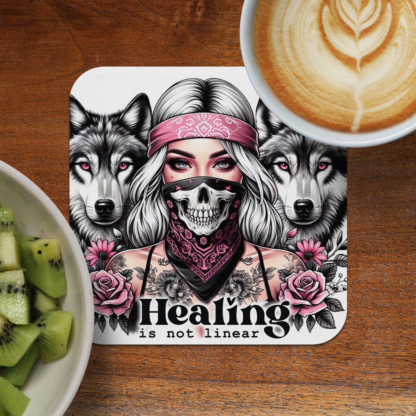 Woman with wolves and roses, text "Healing is not linear".