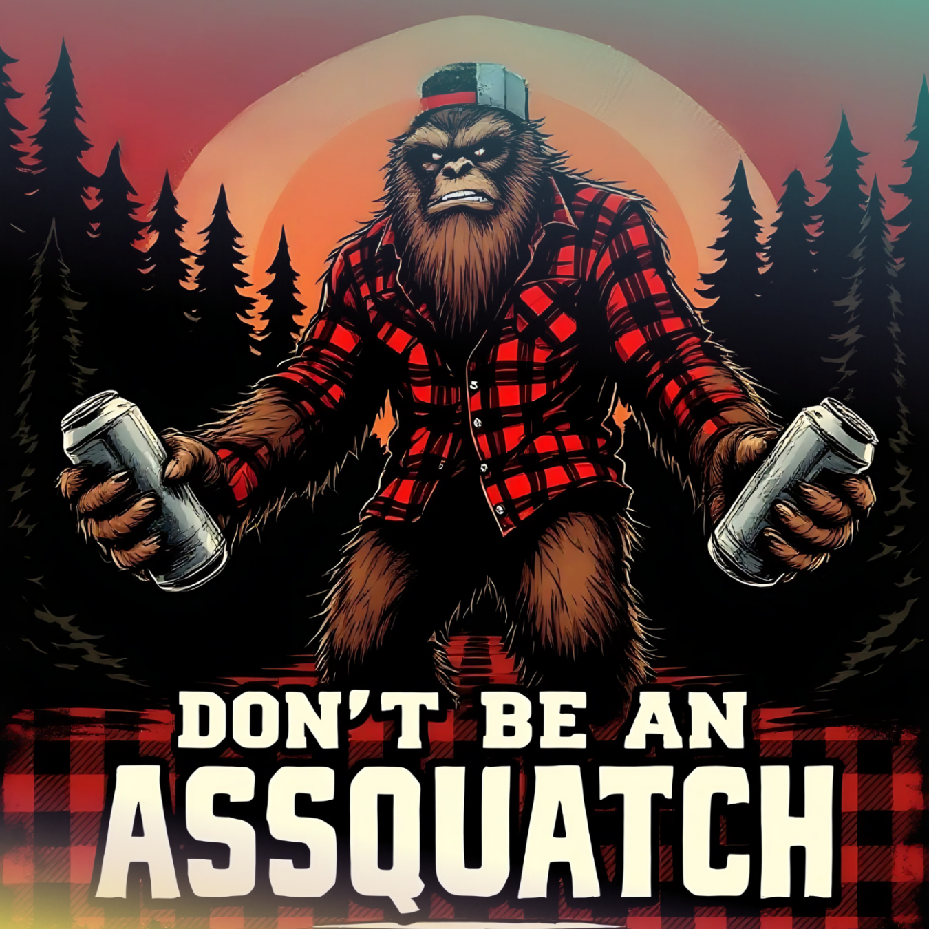 Bigfoot wearing a plaid shirt, holding cans, with "DON'T BE AN ASSQUATCH" text.