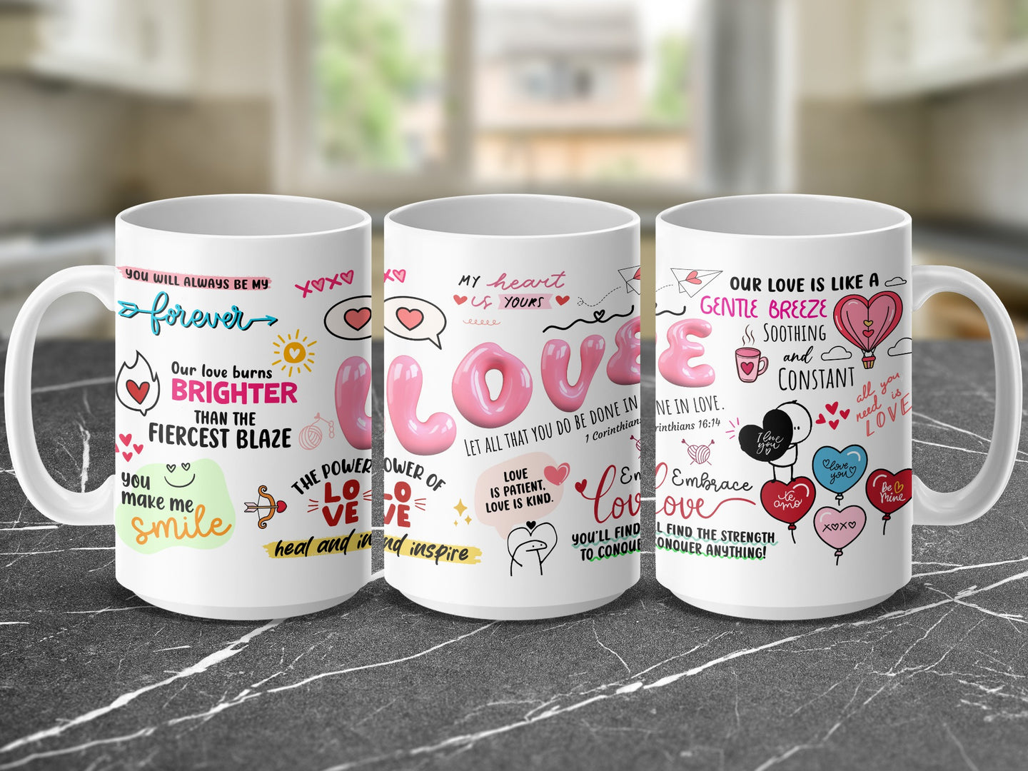 Three ceramic mugs with "Love" and romantic phrases.