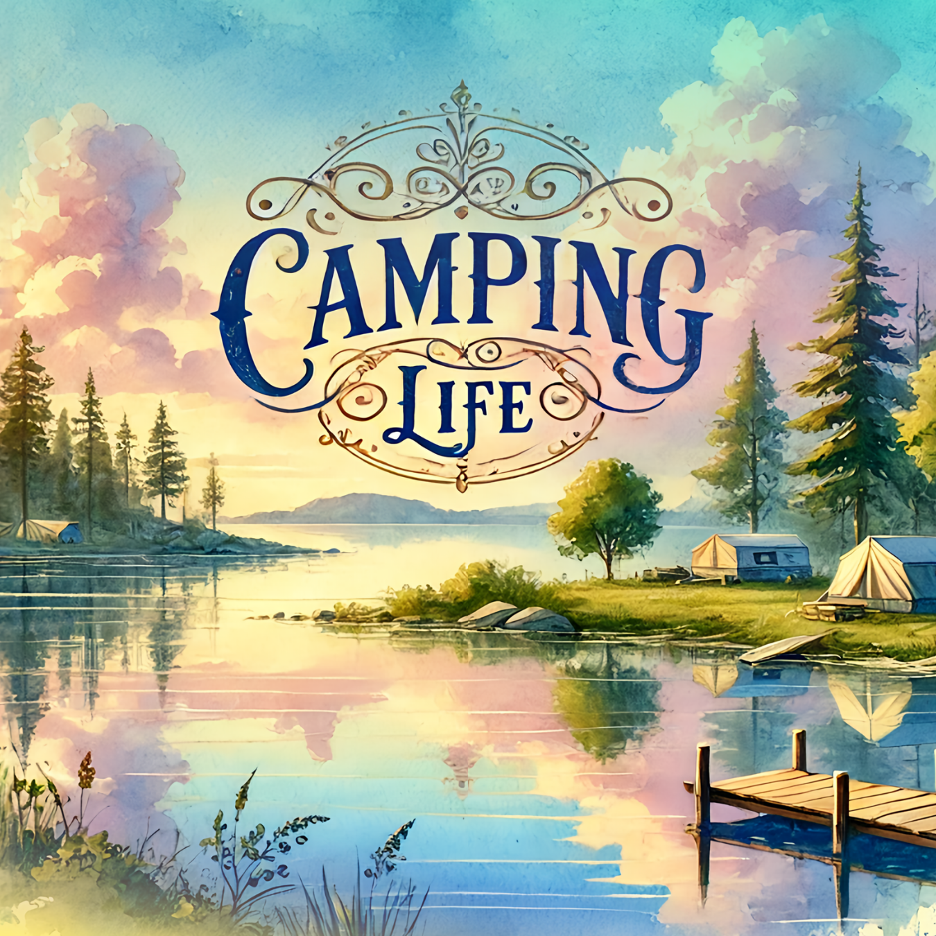 Watercolor landscape with "Camping Life" text, tents, and a dock on a lake.