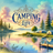 Watercolor landscape with "Camping Life" text, tents, and a dock on a lake.