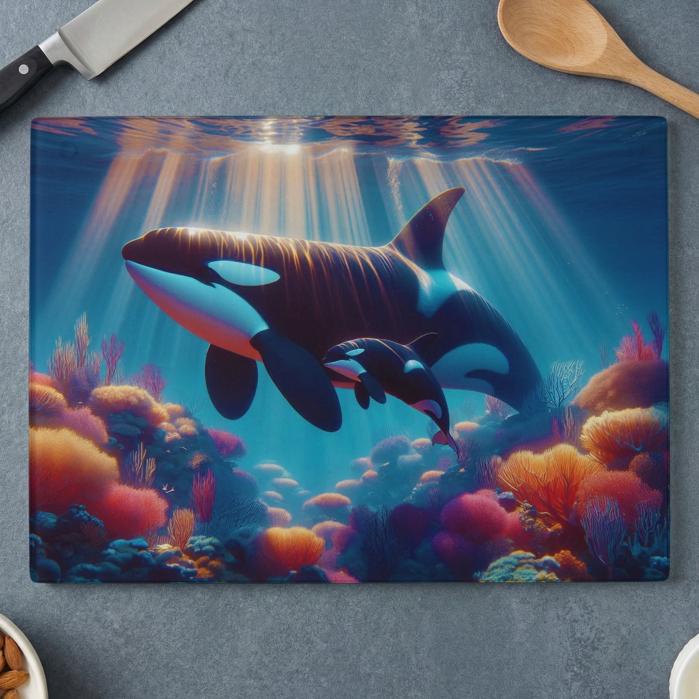 Orca whales swimming with calves among colorful coral reefs.