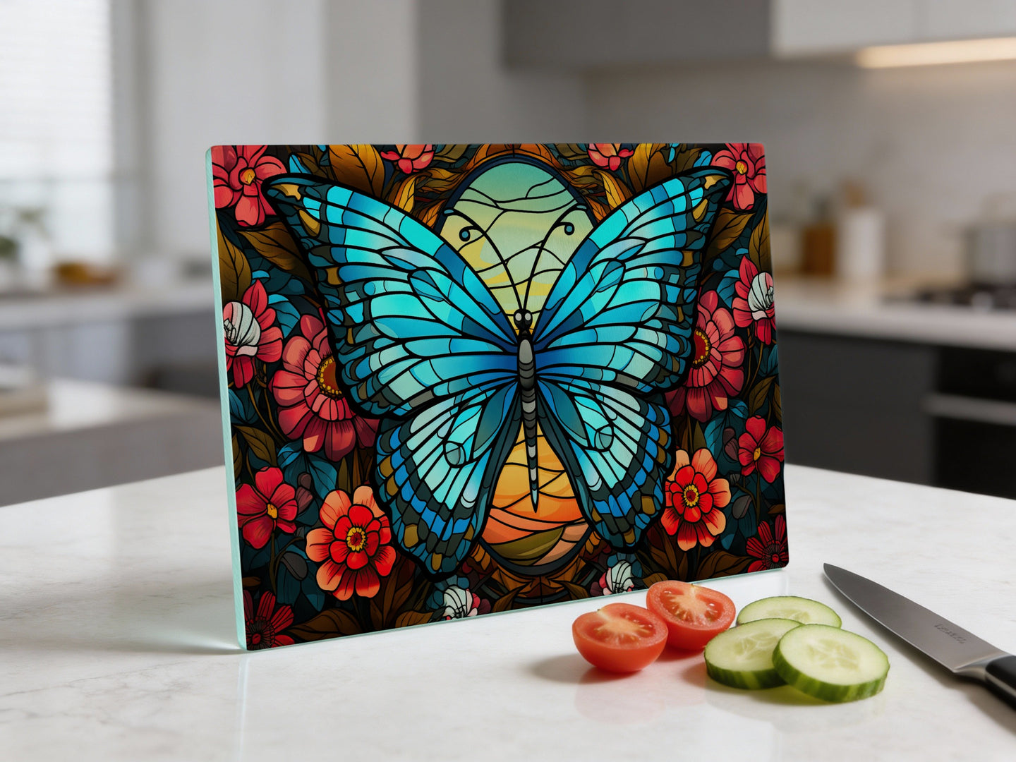 Stained glass cutting board with blue butterfly and floral border.