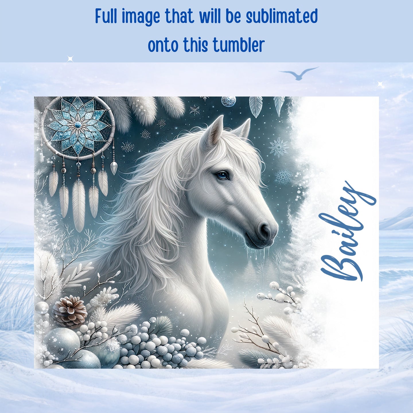 White horse with blue accents and "Bailey" text on snowy background.