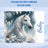 White horse with blue accents and "Bailey" text on snowy background.