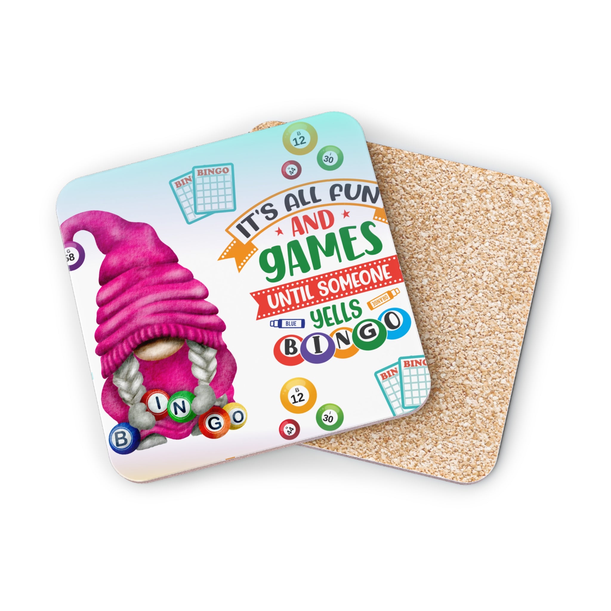 Two bingo coasters, one with a gnome, the other with bingo graphics and text.