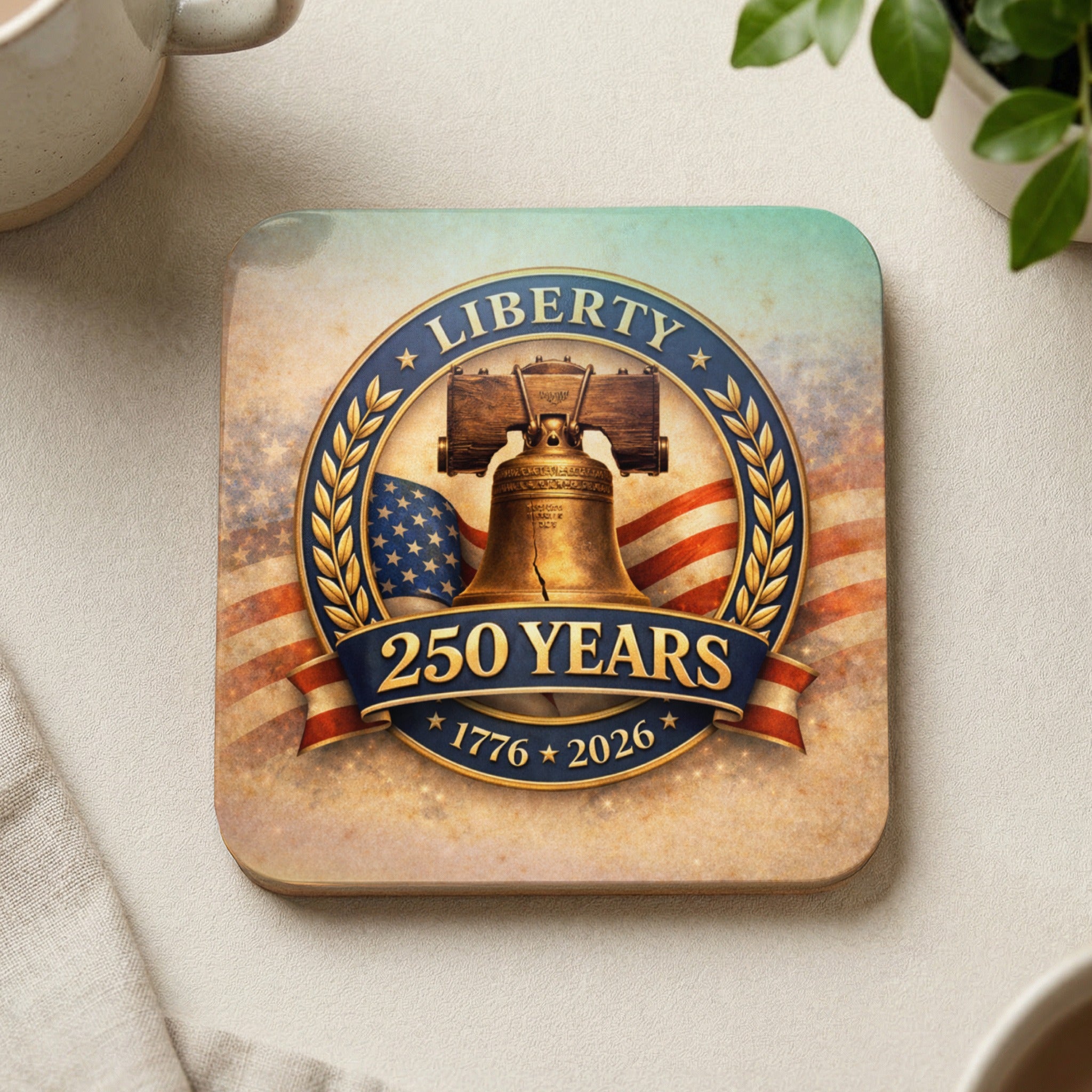 Liberty Bell artwork with "250 Years 1776-2026" text on a coaster.