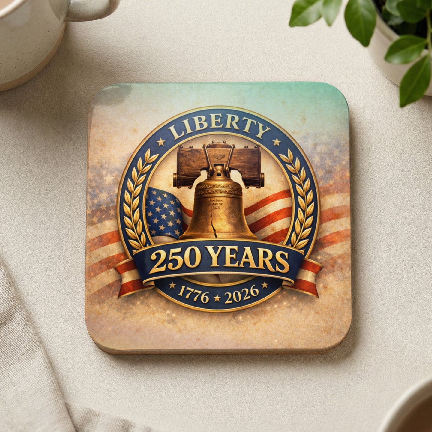 Liberty Bell artwork with "250 Years 1776-2026" text on a coaster.