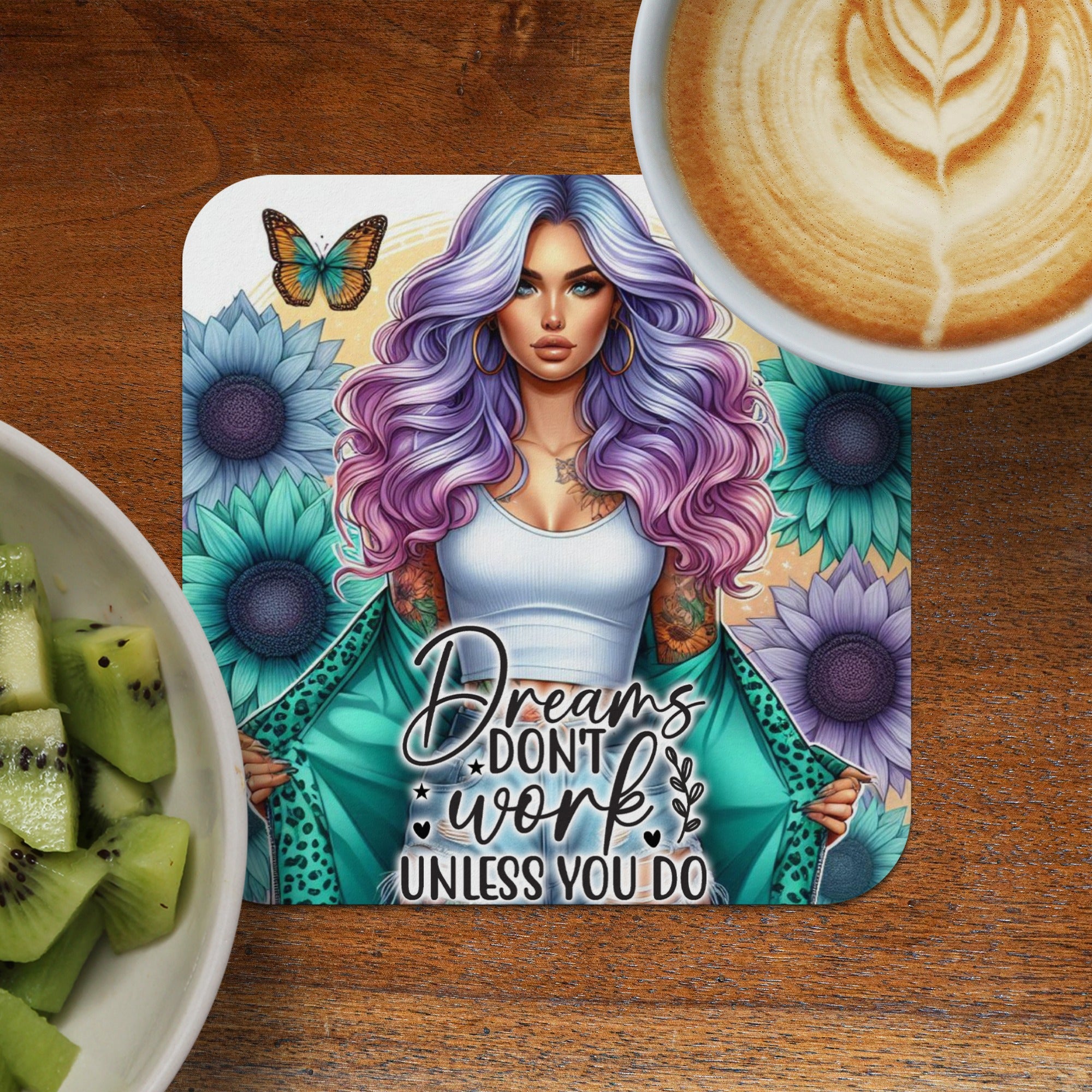 Woman with colorful hair and butterfly art, "Dreams Don't Work Unless You Do".